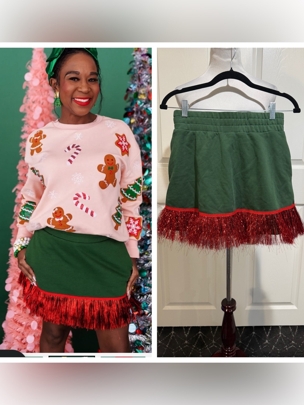 Brianna Cannon GREEN SKIRT/SKORT WITH TINSEL FRINGE